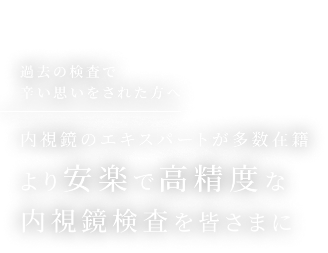 過去の検査で辛い思いをされた方へ内視鏡のエキスパートが多数在籍。より安楽で高精度な内視鏡検査を皆さまに